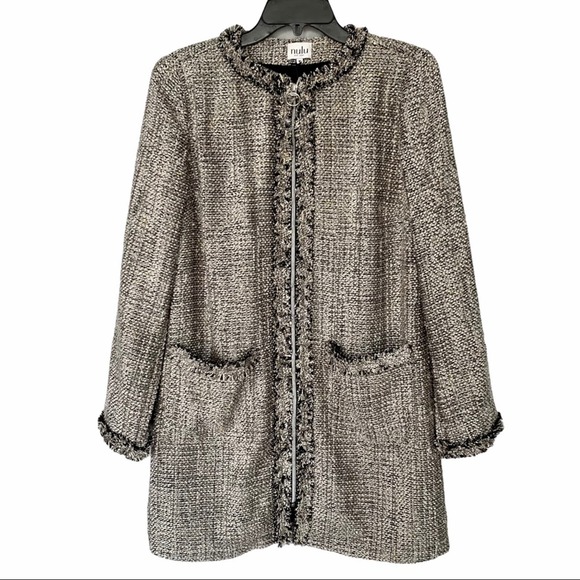 Nulu Fringe Trim Long Tweed Blazer in Gray Size Medium - Picture 9 of 9